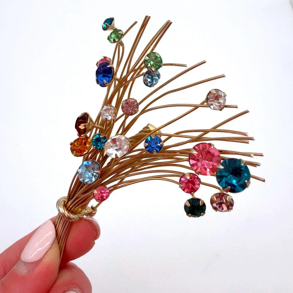 Vintage 1960s Rhinestone‎ Spray Brooch Multicolor Gold Tone Mid Century